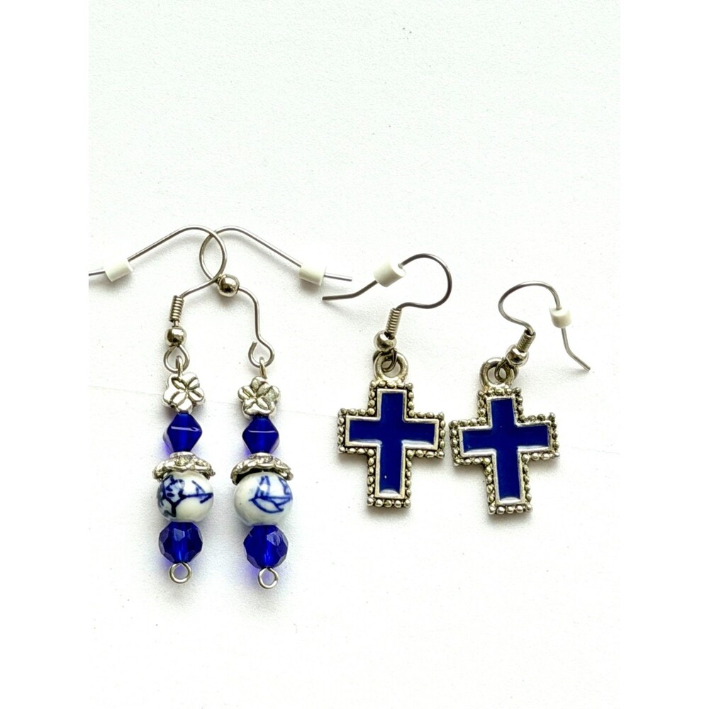 Blue White Porcelain Ceramic Beads Cobalt Glass Enamel Cross Earrings Lot Set 2